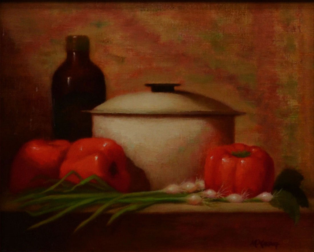 FRAMED OIL PAINTING, MELINDA WARING, TEXAS: Framed oil painting on canvas, Bottles, Pots, Onions, and Peppers, signed lower right M. Waring, (Melinda Waring, Texas, b. 1949) sight: 10.5"h, 13"w, overall: 17.75"h, 20.75"w, 4.25lbs Start Price: $