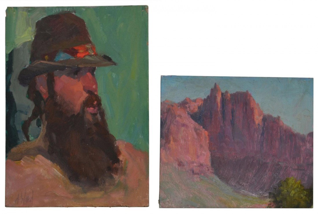 (2) OIL PAINTINGS, DON WARD, B. 1947: ( lot of 2) Unframed oil paintings on board, both signed lower left D. Ward, (Don Ward, New Mexico, b.1947): (1) "Mountain Man," 12"h, 9"w; (1) "Indian Mountain", 8"h, 10"w; 1.5lbs total Start Price: 