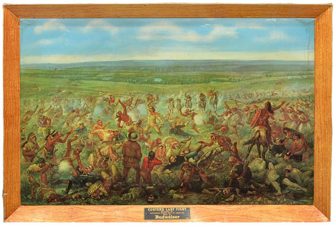 (2) VINTAGE ADVERTISING SIGNS, CUSTER'S LAST FIGHT: (lot of 2) Unframed prints: (1) "Custer's Last Fight, Presented by Anheuser-Busch, Budweiser", an advertisement as one piece including cardboard frame, after a painting by F. Otto Becker (Germany, Wis