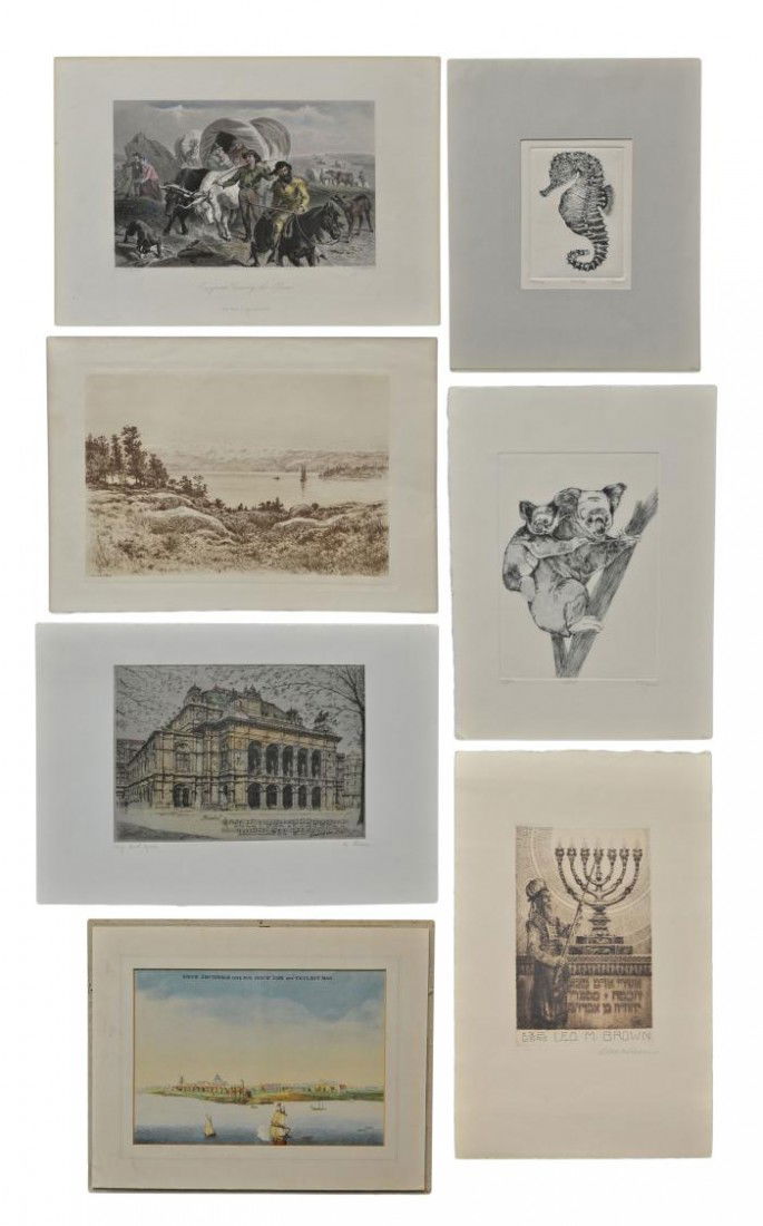 UNFRAMED ANTIQUE & LIMITED EDITION ETCHINGS PRINTS: (lot of 7) Collection unframed antique and limited edition prints, examples include (1) lake scene etching by Alexander Schilling (New York, 1859-1937) after William Keith, (1) 'Sea Horse' limited 174