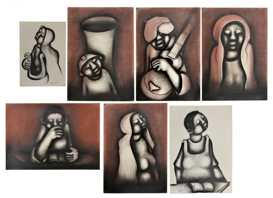 (8) PASTEL PAINTINGS, DAVID MBELE, SOUTH AFRICA: (lot of 8) Unframed pastel paintings on paper, Portraits, all signed David Mbele, (South Africa, b. 1940), each: 25"h, 18"w, 6lbs total Start Price: $80.00