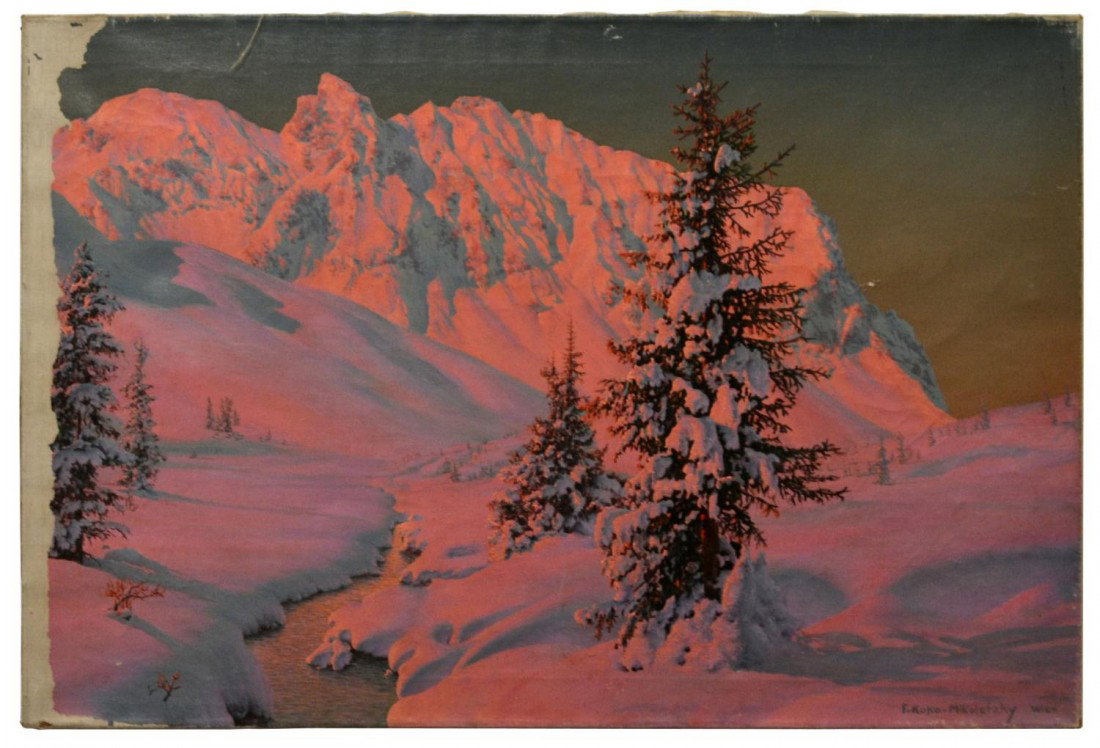 OIL PAINTING, FRIEDRICH ALBIN KOKO-MIKOLETZKY: Unframed oil painting on canvas, "Landscape with Mountains," signed lower right F. Koko-Mikoletzky, (Friedrich Albin Koko-Mikoletzky, Austria, 20th c.) 24"h, 36"w, 2.75lbs Start Price: $50.00