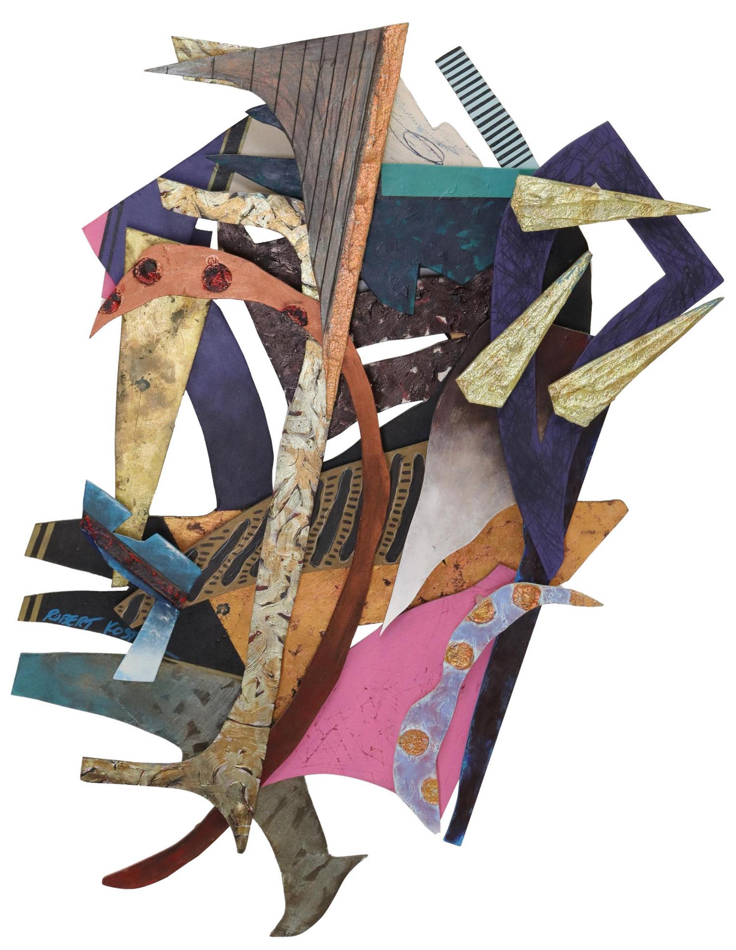 ROBERT KOSTUCK (20TH C.) SCULPTURE MIDWINTER DREAM: Painted wood wall sculpture, "Midwinter Dream #1," signed Robert Kostuck (British, 20th c.), titled verso, approx 39"h, 25.5"w Start Price: $80.00
