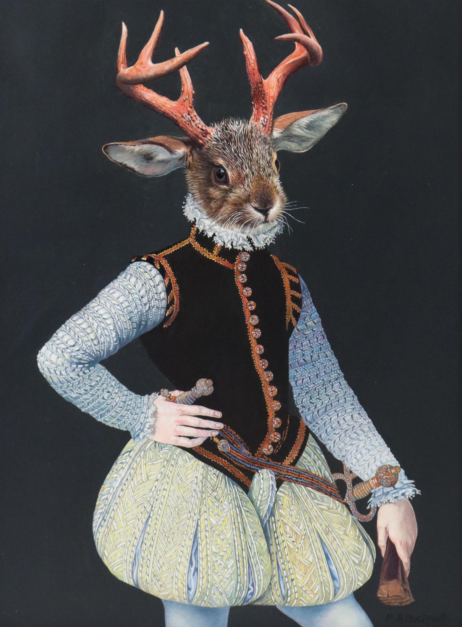 MALCOLM BUCKNALL (B.1935) PAINTING, 'HORNY RABBIT': Frame gouache on board painting, "The Great Horny Rabbit," signed lower right M.R. Bucknall (Malcolm Roderick Bucknall, United Knigdom, b.1935), title and additional signature verso, dated 2008, retai