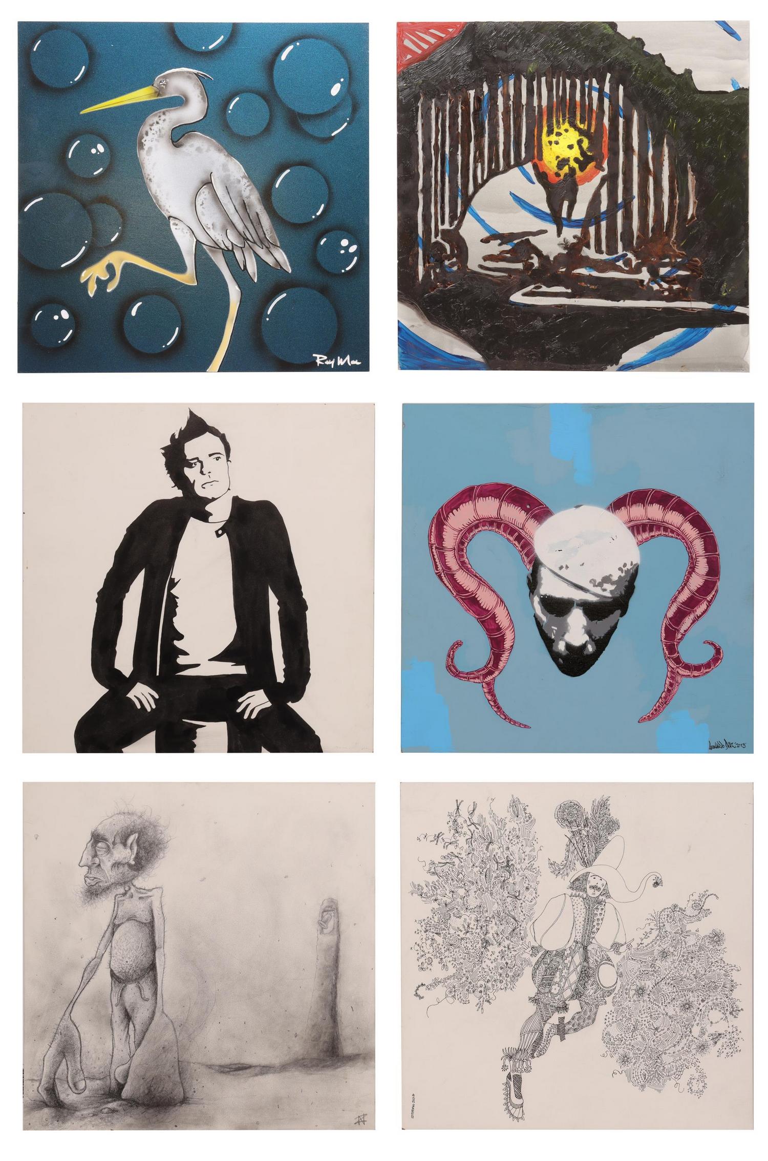 (6) MIXED MEDIA DRAWINGS ON BOARD, SIGNED: (lot of 6) Unframed multimedia on boards, depicting various scenes, including: (1) "The Bell Tower," Nouri Zarrugh, graphite, signed and dated 2014 at back, (1) "Untitled," Ed Jordan, ink, 2013, (1) "