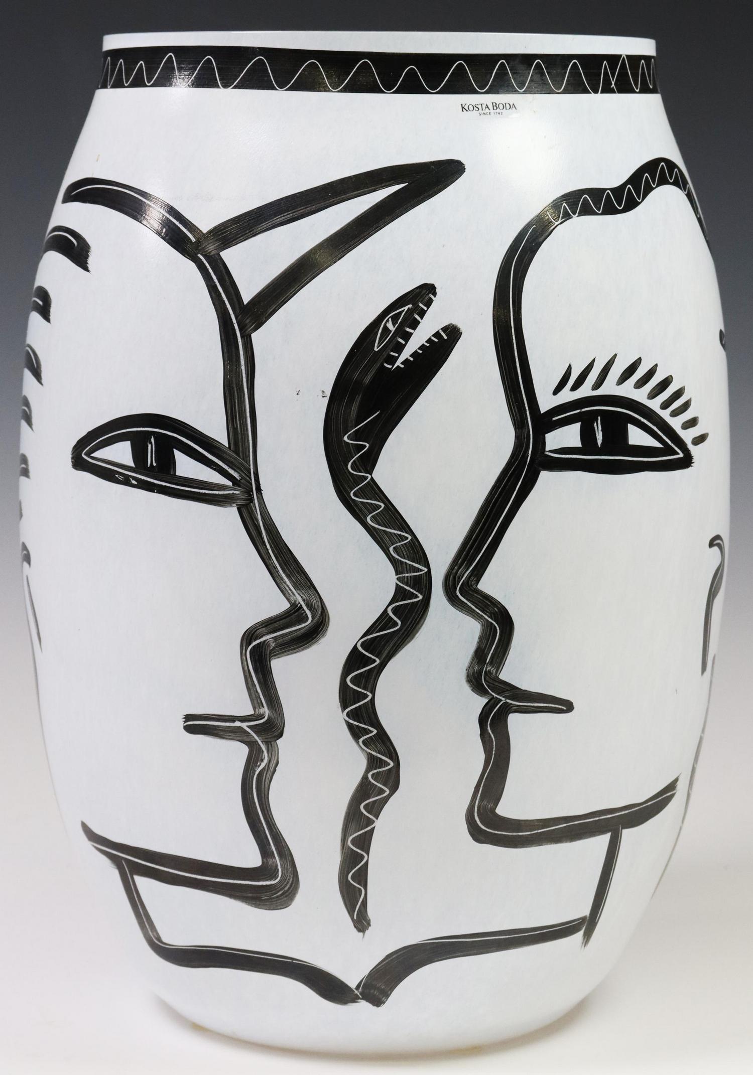 ULRICA HYDMAN-VALLIEN KOSTA BODA 'CARAMBA' VASE: Hand blown and painted glass "Caramba" vase, Ulrica Hydman-Vallien (Swedish, b.1963) for Kosta Boda, artist signed to body and incised marks underneath, approx 13.25"h, 9.25"diam, 6.5lbs Start Price: 
