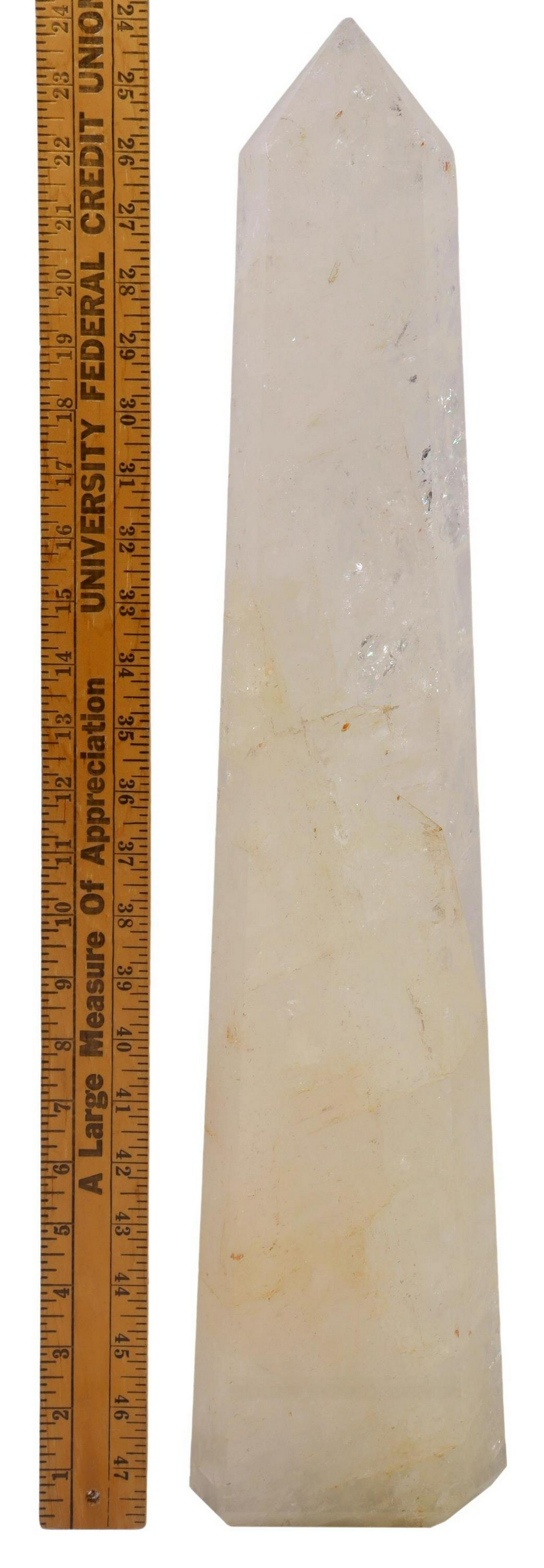 LARGE GEOLOGICAL QUARTZ CRYSTAL OBELISK, 24"H: Large quartz crystal obelisk, approx 24"h, 5"w, 3"d, 21.5lbs Start Price: $200.00