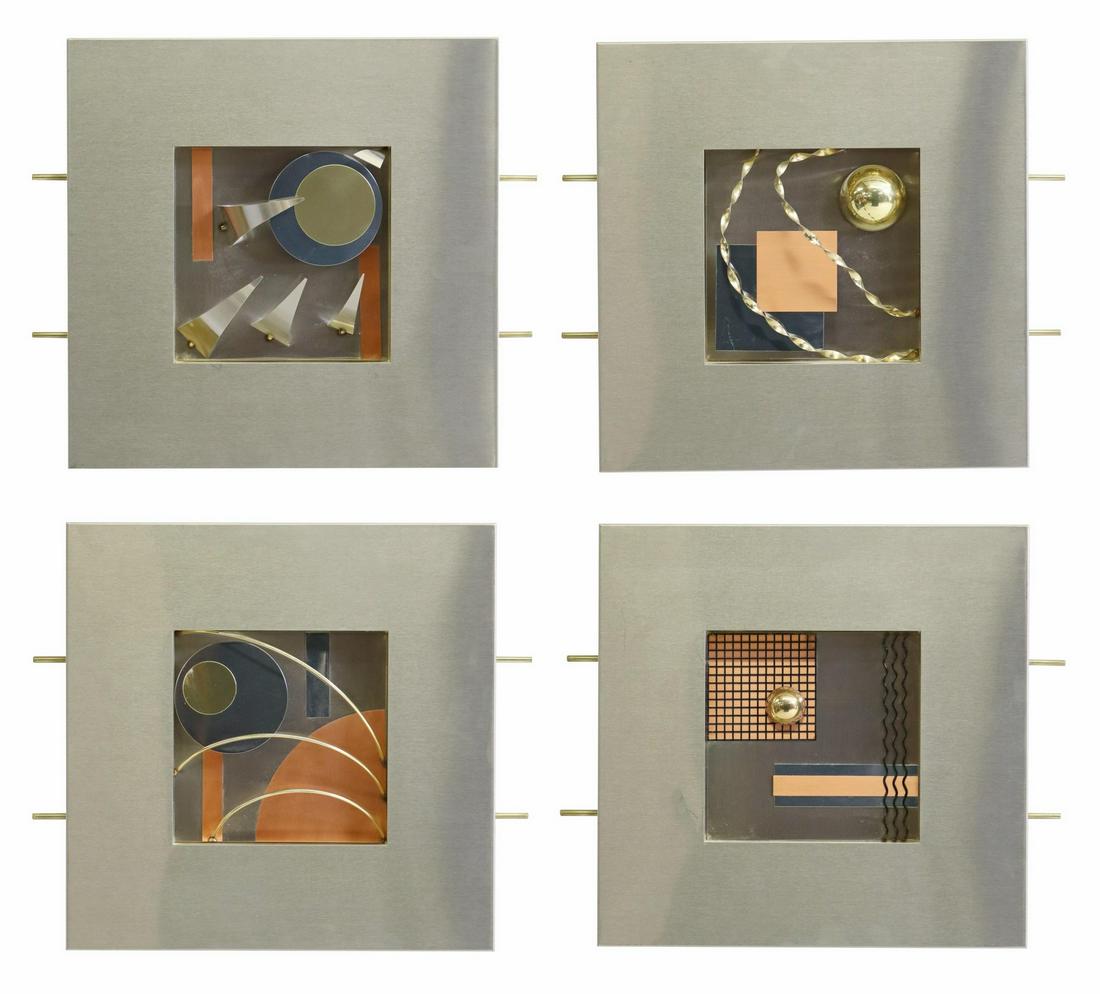 (4) CURTIS JERE MIXED METAL WALL SCULPTURES: (lot of 4) Modern mixed metal wall sculptures, (one) signed along bottom edge C. Jere (Curtis Freiler and Jerry Fels), dated 1996, varied geometric arrangements, each panel: approx 16"h, 19"w Start Pr