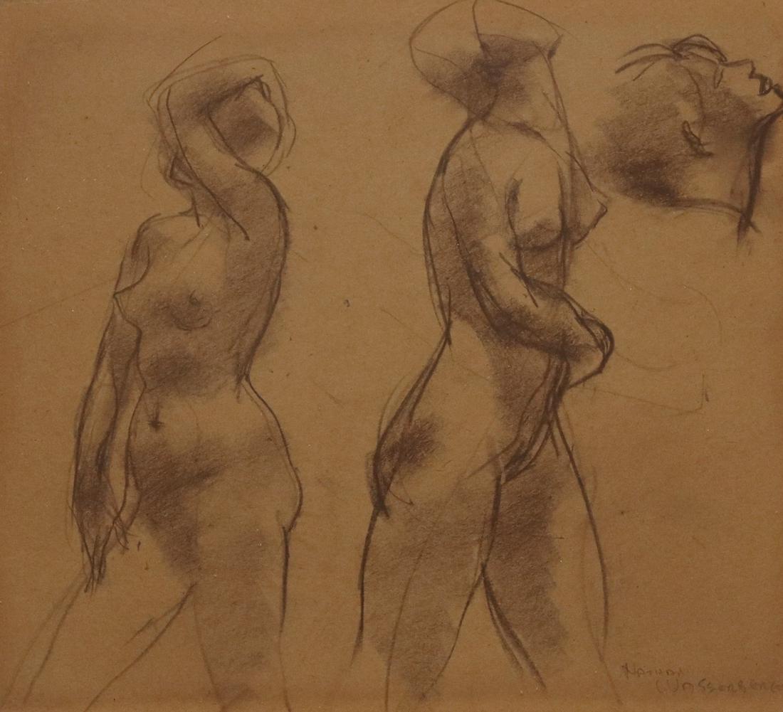 NATHAN WASSERBERGER (D.2012) CHARCOAL NUDE STUDY: Framed charcoal drawing on paper, Female Nude Study, signed lower right Nathan Wasserberger (Poland/ American, 1928-2012), sight: approx 11 7/8"h, 12 7/8"w, overall: approx 16 1/8"h, 17 1/8"w, 3.25lbs