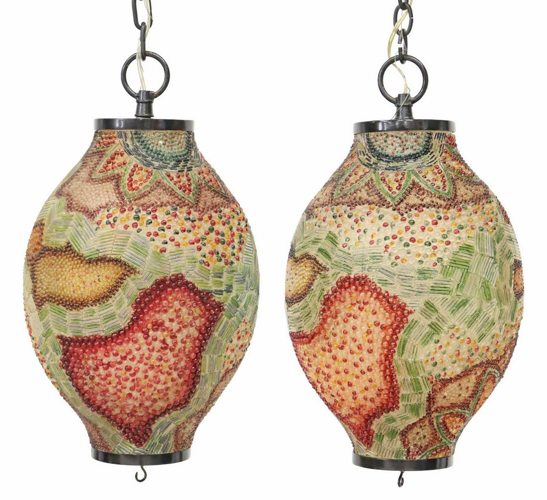 (2) MOSAIC STYLE TWO-LIGHT HANGING LANTERNS: (lot of 2) Hanging lanterns, painted resin shades, two interior lights, approx 23"h, 12.25"diam (measurements not including chain or ceiling cap, height adjustable by altering chain) Start Price: $100