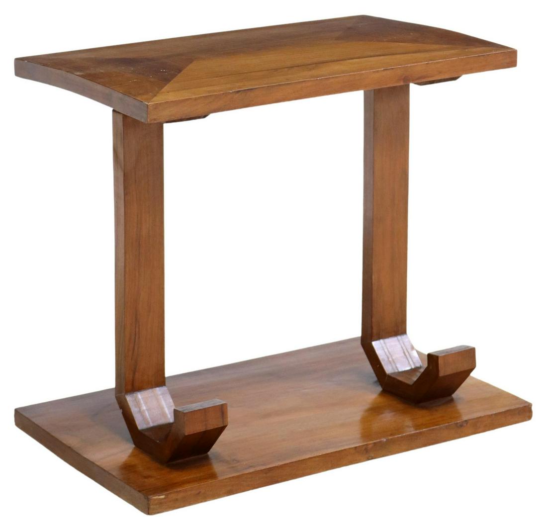 ITALIAN ART DECO WALNUT RECTANGULAR SIDE TABLE: Italian Art Deco walnut side table, c.1930s, having rectangular top, rising on squared and arched supports, ending on platform base, approx 20.5"h, 22.5"w, 13.5"d Start Price: $100.00