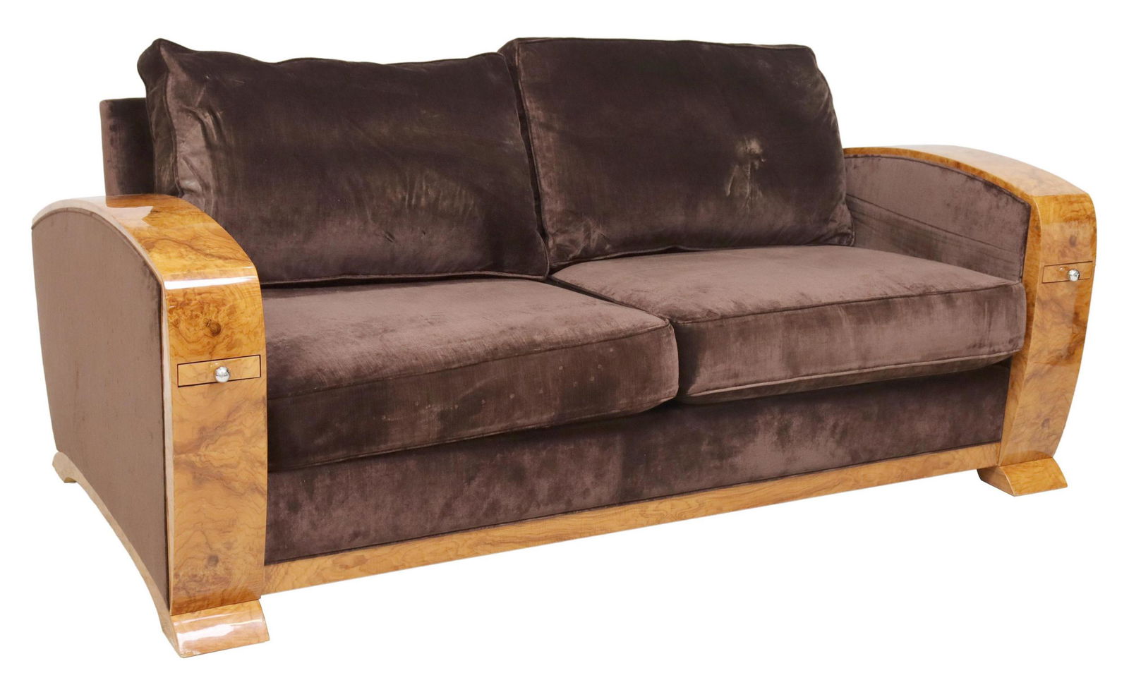 FRENCH ART DECO STYLE VELVET UPHOLSTERED SOFA: French Art Deco style sofa, late 20th c., burlwood faced curved armrests with pull-out slides, velvet upholstery, loose back and seat cushions, (one) slide lacking metal insert, approx 28"h, 70.5"l, 3