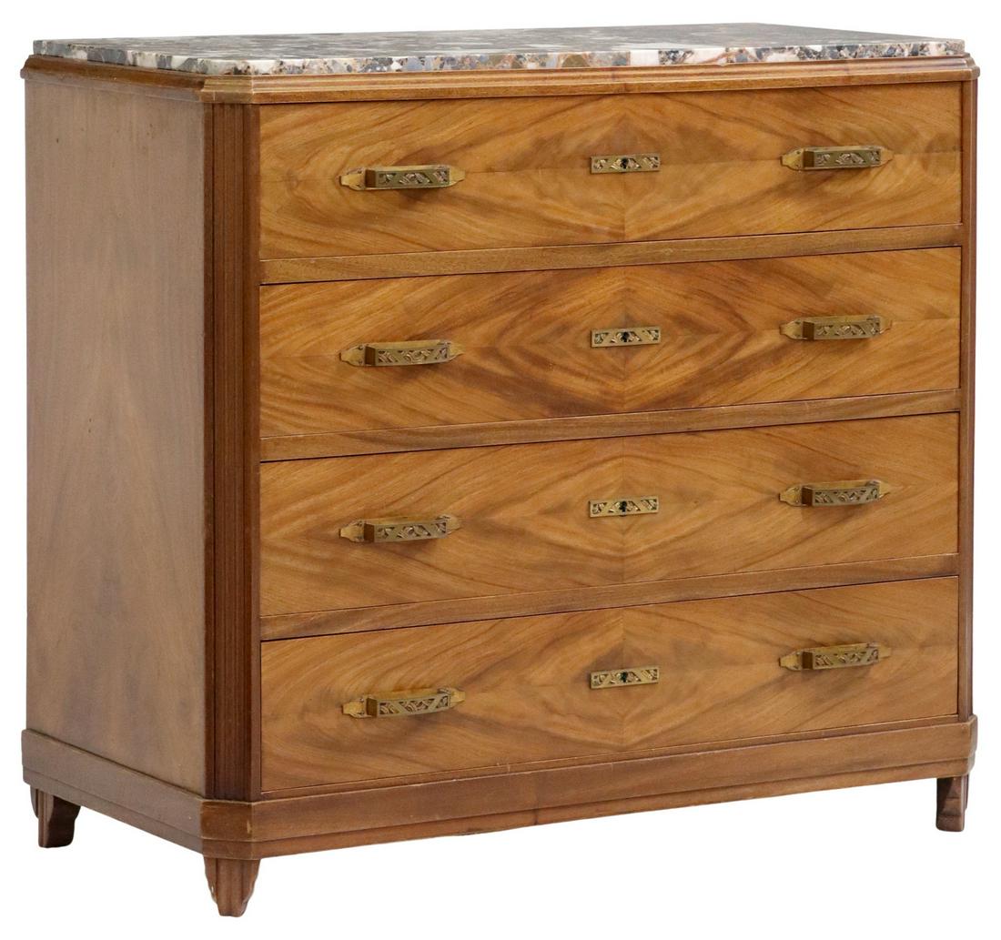 FRENCH ART DECO MARBLE-TOP WALNUT COMMODE: French Art Deco walnut commode, c.1930s, inset marble top, four drawers with diamond-matched veneers, rising on tapered legs, chips and fill to marble top, approx 34"h, 37.5"w, 19.5"d Start Price: $30