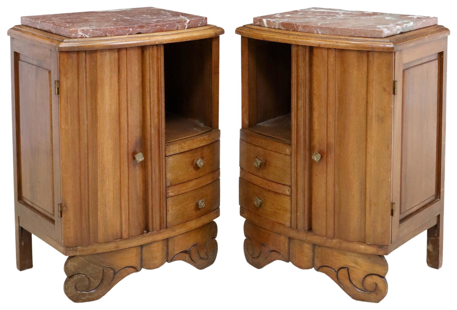 (2) FRENCH ART DECO MARBLE-TOP NIGHTSTANDS: (pair) French Art Deco bedside cabinets, c.1930s-1940s, having marble top, curved case with cabinet to one side, fitted with open shelf and two drawers to other side, rising on carved scroll feet, app