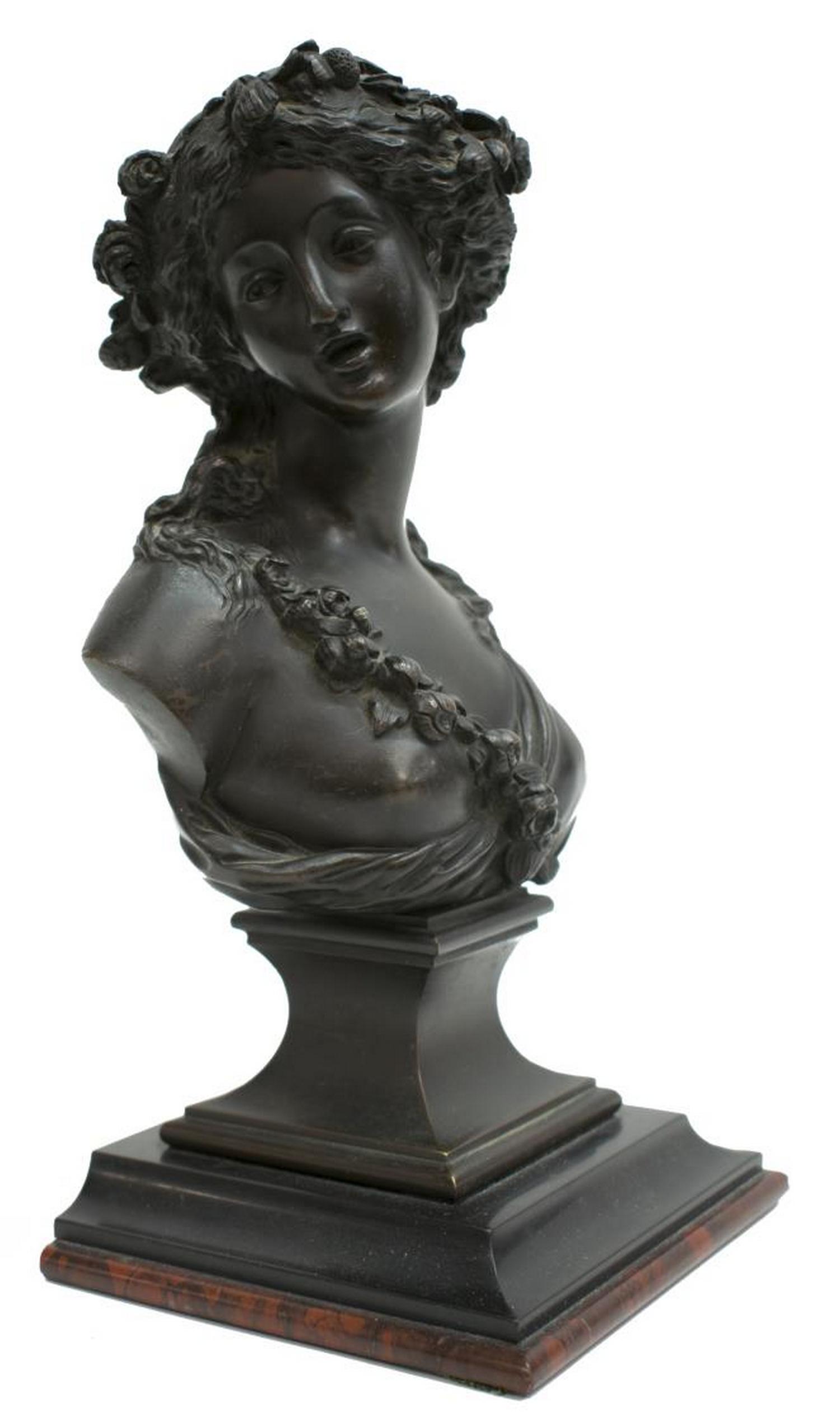 AFTER JOSEPH-CHARLES MARIN BRONZE BUST OF FLORA: Patinated bronze sculpture, Bust of Flora, signed in cast Marin, after Joseph-Charles Marin (French, 1749-1834), verso stamped with star over A D, on a thin red marble base, approx 10"h, 5"w, 4.5"d, 6