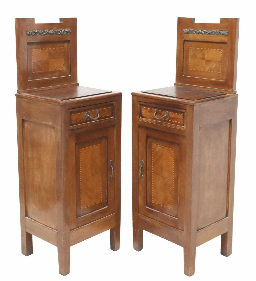 (2) ITALIAN ART NOUVEAU BEDSIDE CABINETS: (pair) Italian Art Nouveau bedside cabinets, early 20th c., raised back, later inset wood top, single drawer over cabinet door, approx 45"h, 15"w, 13"d Start Price: $100.00