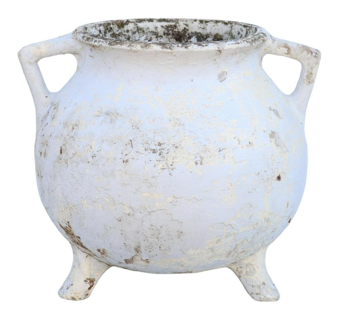 MANNER OF WILLY GUHL 'MARMITE' CAULDRON PLANTER: Cast composite cauldron-form "Marmite" planters, after the original design by Willy Guhl (Swiss, 1915-2004), having dual side handles, over bulbous body, rising on three flared feet, approx 18"h, 18"d