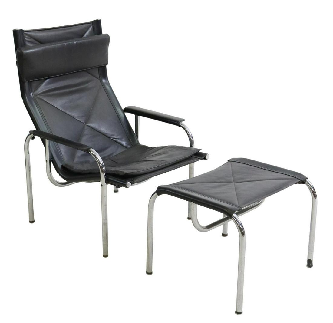 (2) EICHENBERGER STRASSLE LOUNGE CHAIR & OTTOMAN: (lot of 2) Modern armchair and ottoman, Hans Eichenberger (Swiss, b.1926) for Strassle International, Switzerland, c.1970s, chromed steel tubular frame, black leather upholstery, including: (1) reclin
