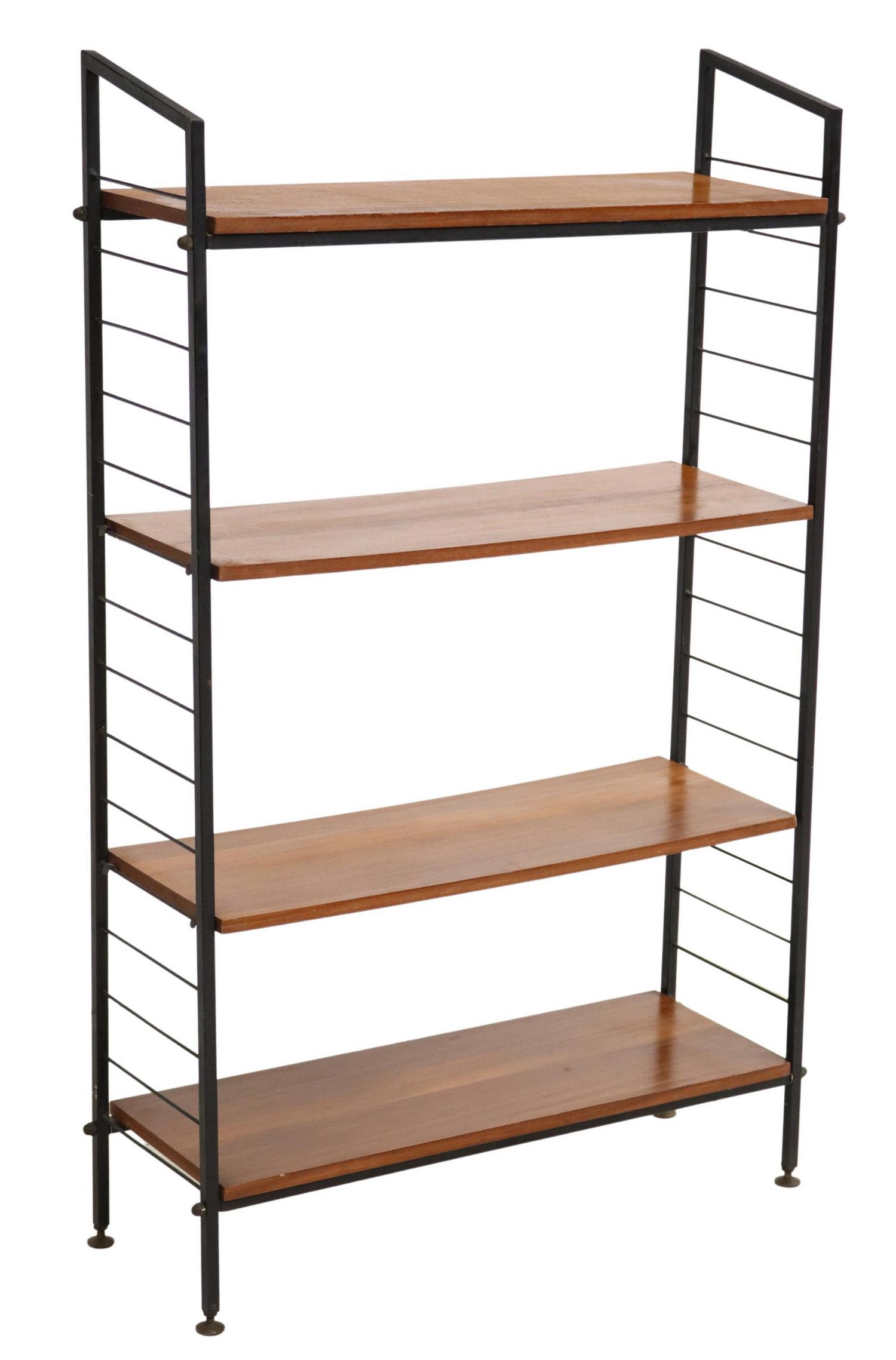 ITALIAN MID-CENTURY MODERN TEAK & STEEL BOOKCASE: Italian mid-century modern teak bookcase, c.1960s, having four open shelves, on black steel supports, approx 48.25"h, 29.25"w, 10"d Start Price: $150.00