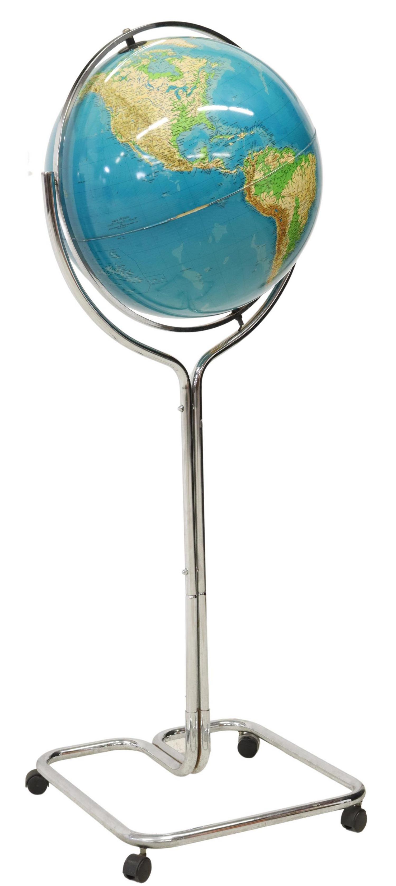 GEO. INSTITUTE DE AGOSTINI ILLUMINATED GLOBE: Italian modern illuminated globe, attributed to the Geographical Institute de Agostini, 20th c., polychrome plastic globe, on tubular chromed steel base, in need of wiring, approx 57.75"h, 20"sq Start
