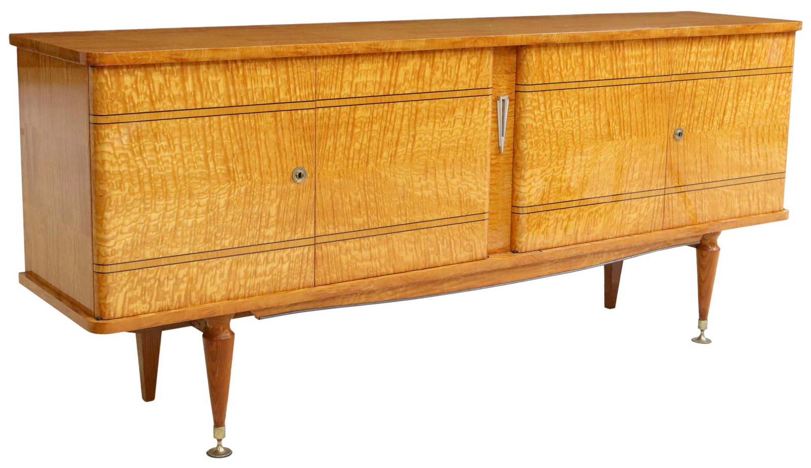 FRENCH MID-CENTURY MODERN SIDEBOARD: French mid-century modern sideboard, c.1950s, two sets of double-door cabinets, left side interior with shelf, right side interior with four drawers, small glass shelves, rising on tapered legs, appro