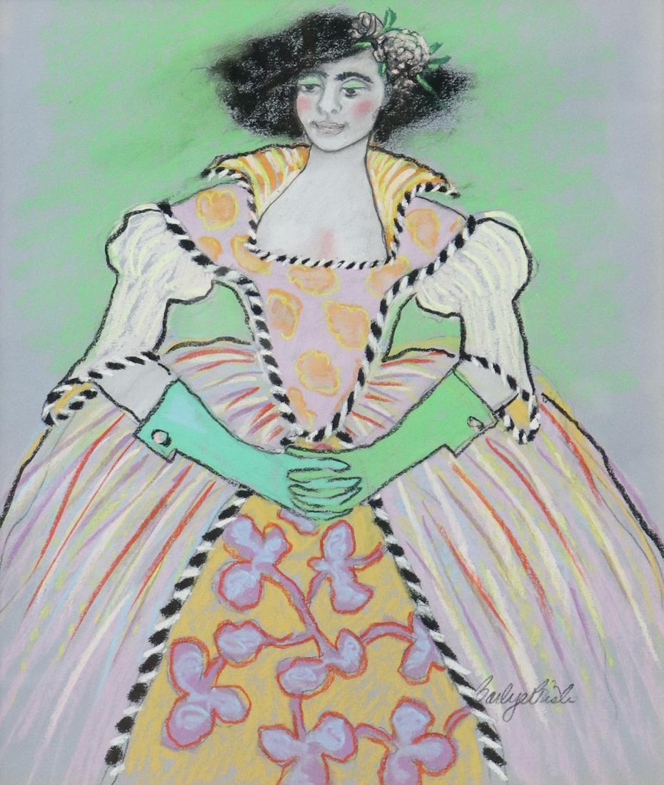 SIGNED PASTEL DRAWING WOMAN IN FANCY GOWN: Framed pastel drawing on paper, Woman in Gown, signed lower right, sight: approx "h, "w, overall: "h, "w, lbs**Provenance: An important Four Seasons, Austin, Texas penthouse estate** Start Price: $80.