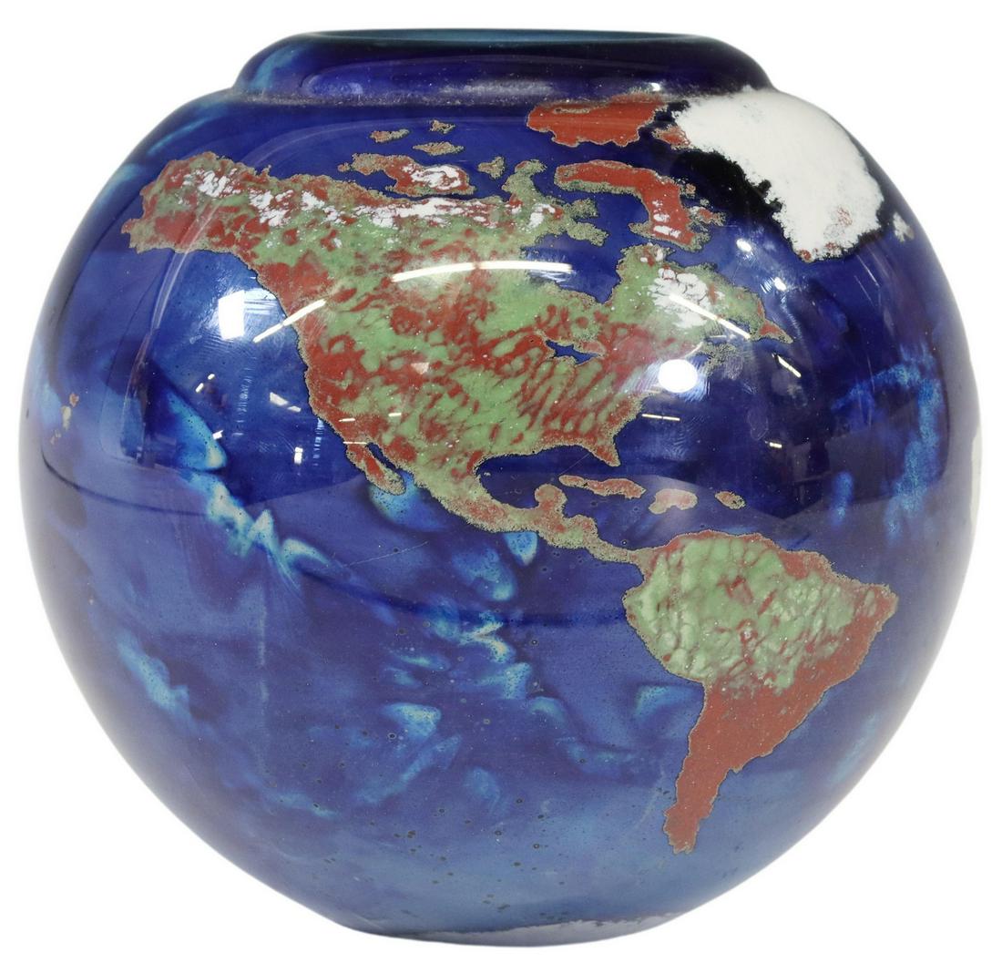LUNDBERG STUDIOS ART GLASS 1991 WORLD VASE: Art glass paperweight vase, Lundberg Studios, 1991, numbered 090326, cased world map design, incised marks underfoot, approx 5.75"h, 6"diam, 8lbs Start Price: $60.00