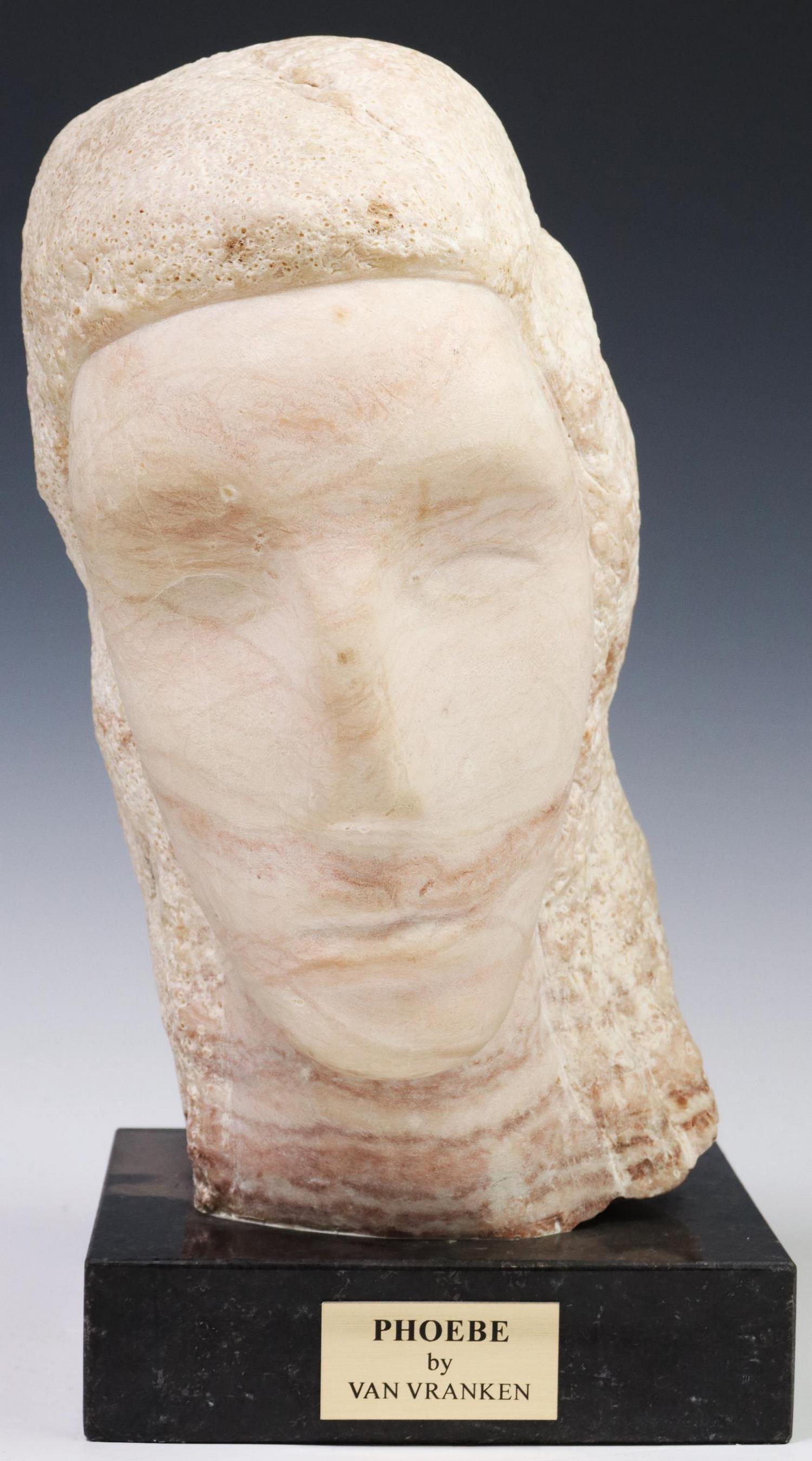 ROSE VAN VRANKEN (1918-2013) ALABASTER BUST PHOEBE: Carved alabaster bust, "Phoebe," signed at side Van Vranken (Rose Van Vranken, California, Wisconsin, 1918-2013), mounted on integral stone base, with title plaque at front face, approx 15.5"h, 7.5"w,