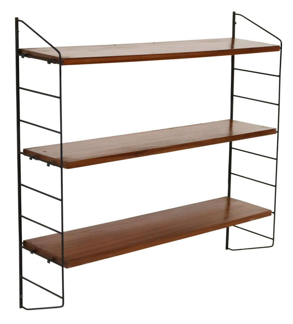 ITALIAN MID-CENTURY MODERN WALL-MOUNTED BOOKSHELF: Italian mid-century modern wall-mounted bookshelf, c.1960s, iron frame, three adjustable-height shelves, approx 31.5"h, 32.25"w, 8"d Start Price: $100.00