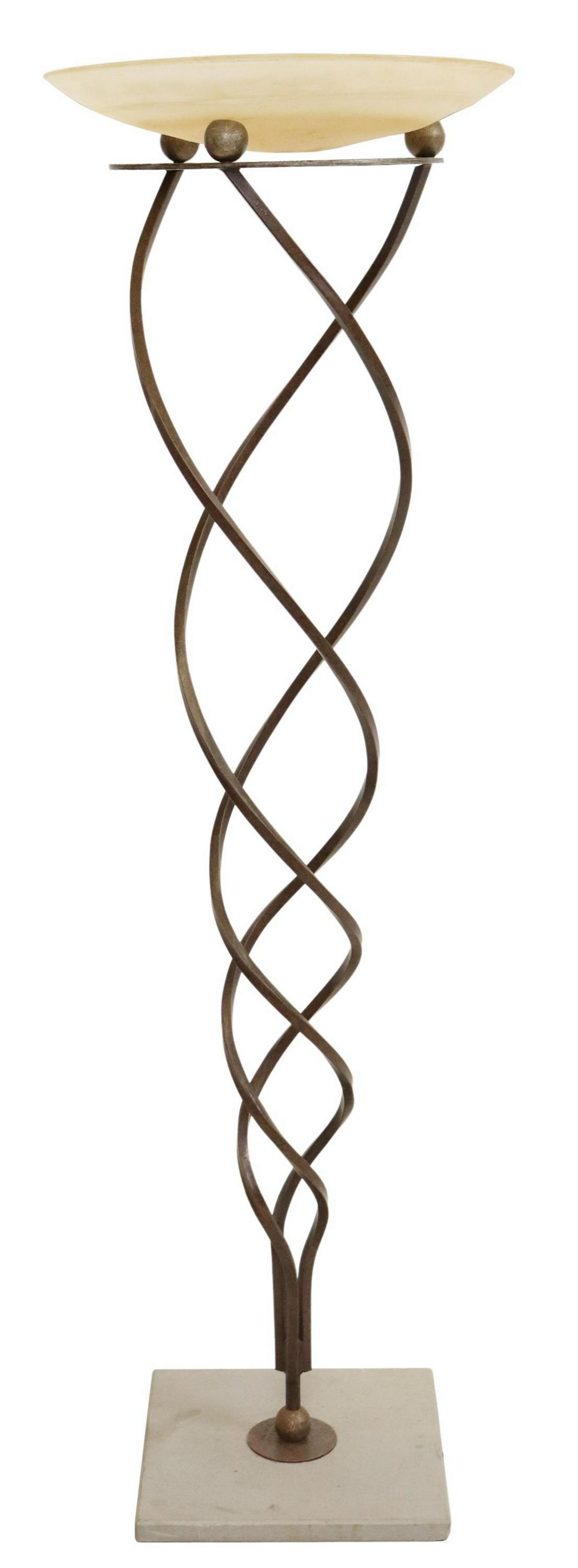 MODERN TERZANI 'ANTINEA' TORCHIERE FLOOR LAMP: Italian modern "Antinea" floor lamp, Jean-Francois Crochet (French, b.1949) for Terzani, late 20th c., Murano art glass bowl, forged iron standard with open twist design, on a stone base, in need of w