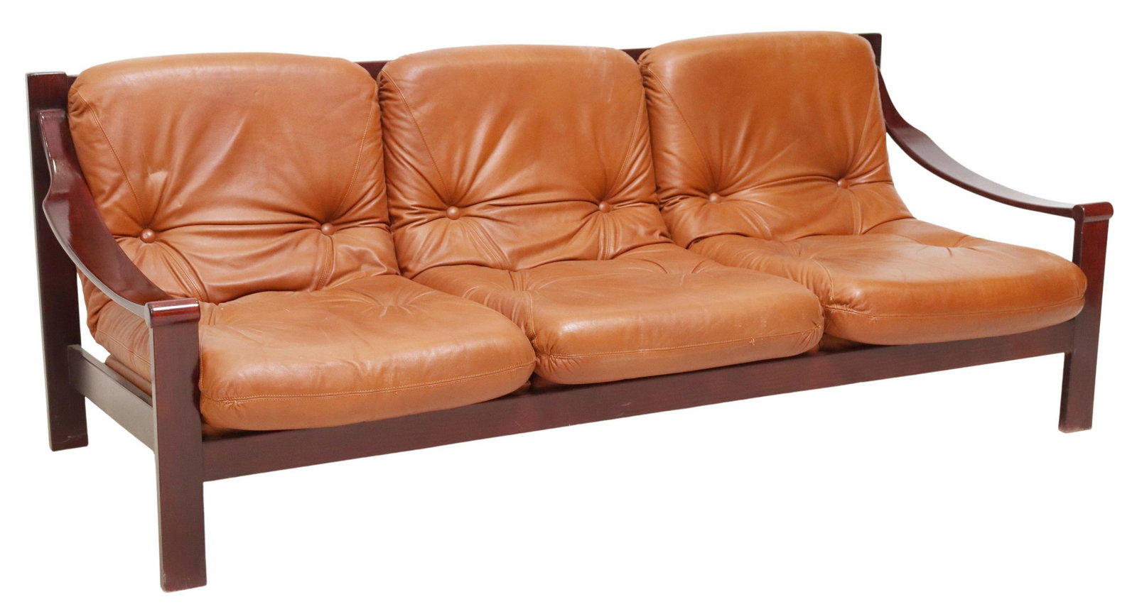 MID-CENTURY MODERN LEATHER THREE-SEAT SOFA: Scandinavian mid-century modern three-seat sofa, c.1970s, slatted back, button-tufted leather cushions, approx 29"h, 78"w, 32"d, seat height: 15"h **Note: matching pair of lounge chairs offered in thi