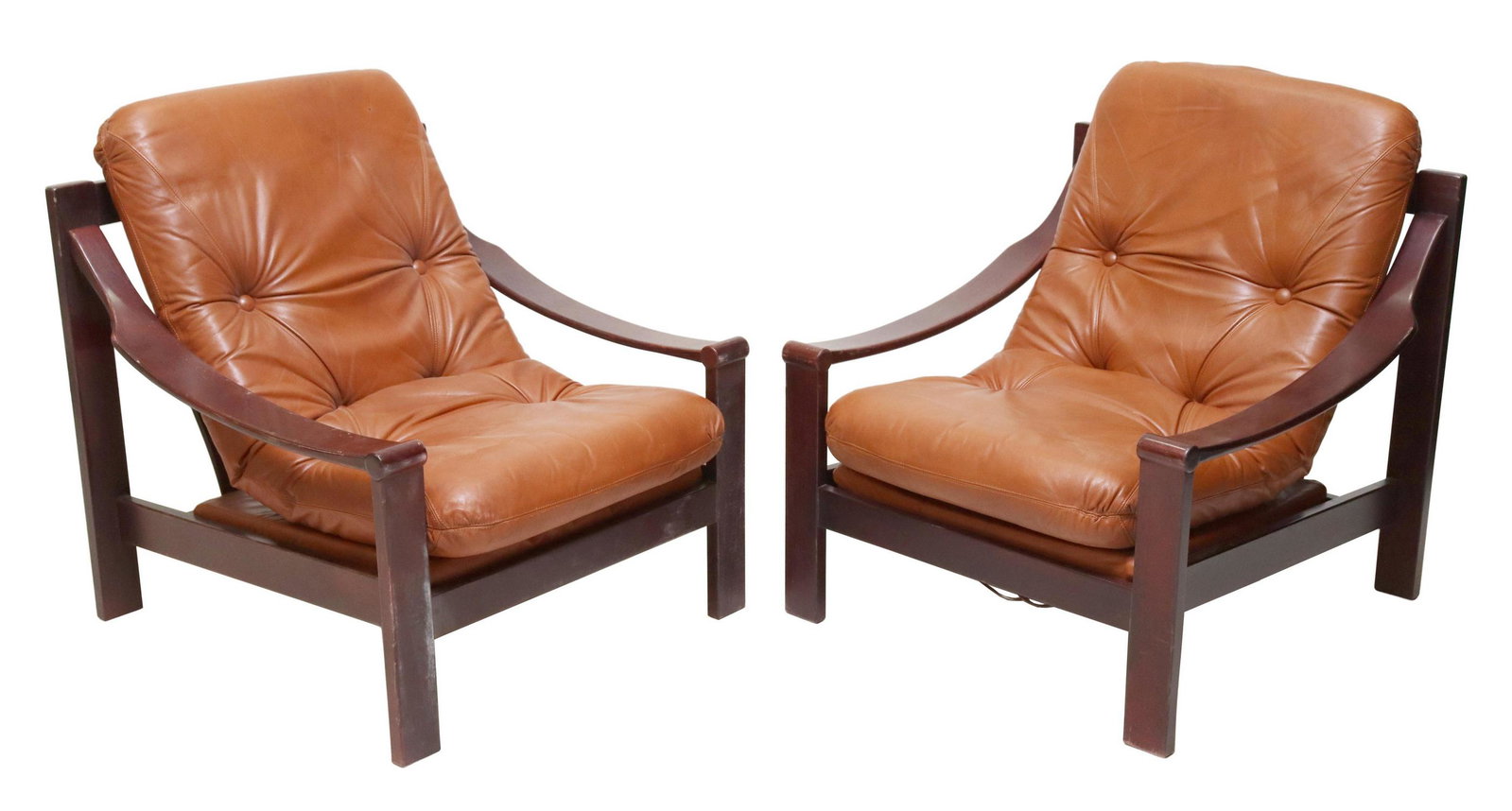 (2) MID-CENTURY MODERN LEATHER LOUNGE CHAIRS: (pair) Scandinavian mid-century modern armchairs, c.1970s, slatted back, button-tufted leather cushions, (one) with incomplete webbing under seat, approx 29"h, 31"w, 32"d, seat height: 16"h **Note: ma