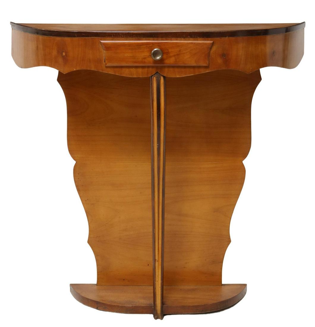 PAOLO BUFFA MID-CENTURY MODERN CONSOLE TABLE: Italian mid-century modern console table, attributed to Paolo Buffa (Italian, 1903-1970), c.1950s, having curved wood top, fitted with single drawer, shaped back, with carved front support, on plinth