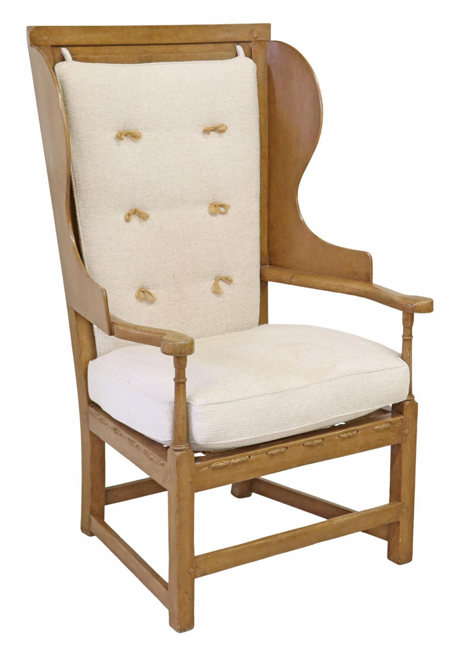 CONTEMPORARY OAK UPHOLSTERED WING ARMCHAIR: Contemporary oak wingback armchair, 20th c., having tufted back, scrolled handholds, rising on stretcher-joined block legs, some staining to upholstery, approx 48.75"h, 29.75"w, 24"d, seat height: 20"
