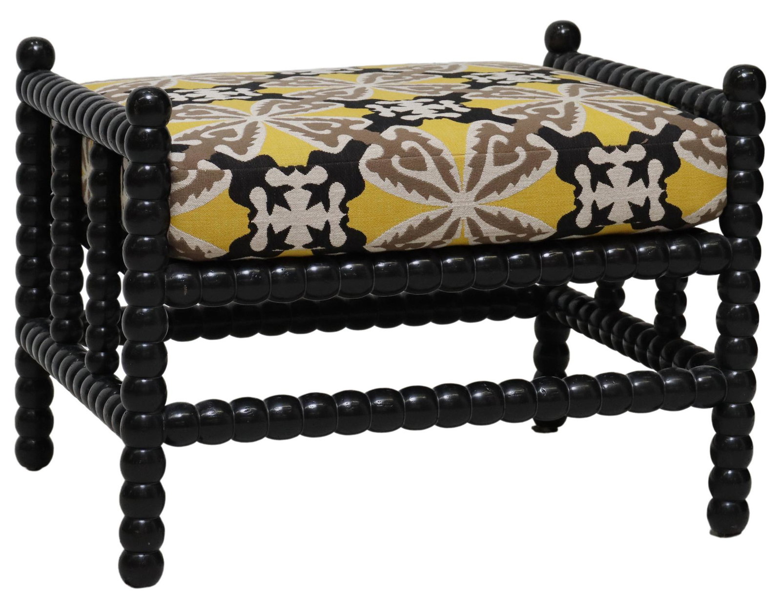 CONTEMPORARY FORMATIONS 'STRATFORD' OTTOMAN: Contemporary "Stratford" ottoman, Formations, Los Angeles, removable top cushion, on ebonized bobbin-turned supports, joined with box stretcher, approx 21.5"h, 29"w, 25"d**Provenance: An important Fou