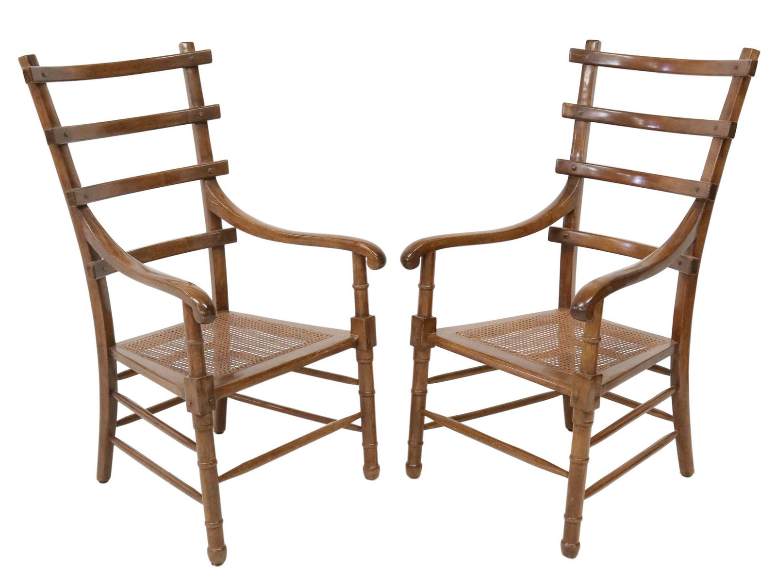 (2) DESSIN FOURNIR COLLECTIONS WAKEFIELD ARMCHAIRS: (lot of 2) Wood "Wakefield #1015-A" armchairs, Dessin Fournir Collections, having open back with slats, scrolled armrests, cane seat, rising on stretcher joined legs, approx 45"h, 24"w, 23"d, seat hei