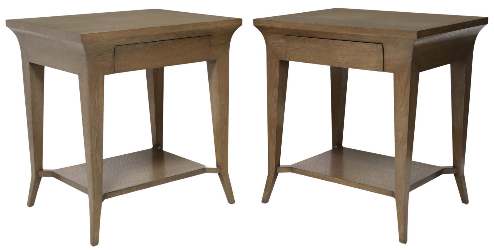 (2) RANDOLPH & HEIN INC. OAK 'EMW' SIDE TABLES: (pair) Contemporary oak "EMW Side" tables, Randolph and Hein Incorporated, fitted with single drawer, rising on tapered legs, open medial shelf, some wear to tops, approx 26.25"h, 24"w, 20"d**Provenan