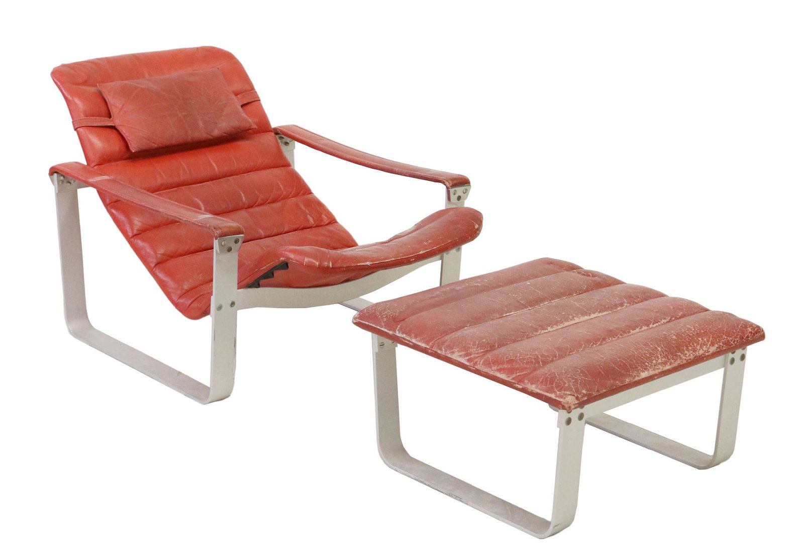 (2) LAPPALAINEN 'PULKKA' LOUNGE CHAIR & OTTOMAN: (lot of 2) Modern "Pulkka" armchair and ottoman, Ilmari Lappalainen (Finnish, 1918-2006) for Asko, Finland, c.1960s-1970s, aluminum frame, red leather upholstery, creasing, wear, and loss to leather, 