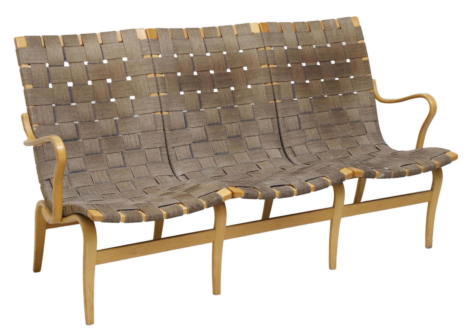 BRUNO MATHSSON (1907-1988) 'EVA' THREE-SEAT SOFA: Mid-century modern "Eva" three-seat sofa, Bruno Mathsson (Swedish, 1907-1988), woven jute strap back and seat, on a bentwood beech frame, approx 33"h, 62"w, 25"d, seat height: 15"h Start Price: $600.0