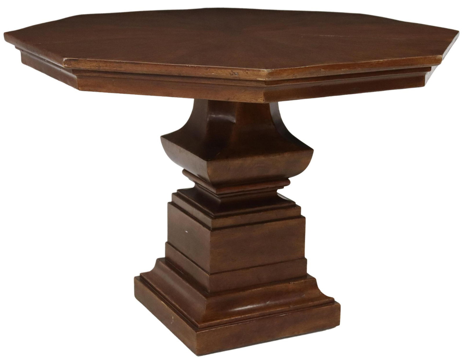 MODERN HEXAGONAL WALNUT PEDESTAL CENTER TABLE: Modern hexagonal walnut center table, late 20th c., having shaped hexagonal top, rising on stepped pedestal base, approx 30"h, 42"w, 42"d, floor to apron: approx 27"h**Provenance: An important Four Se