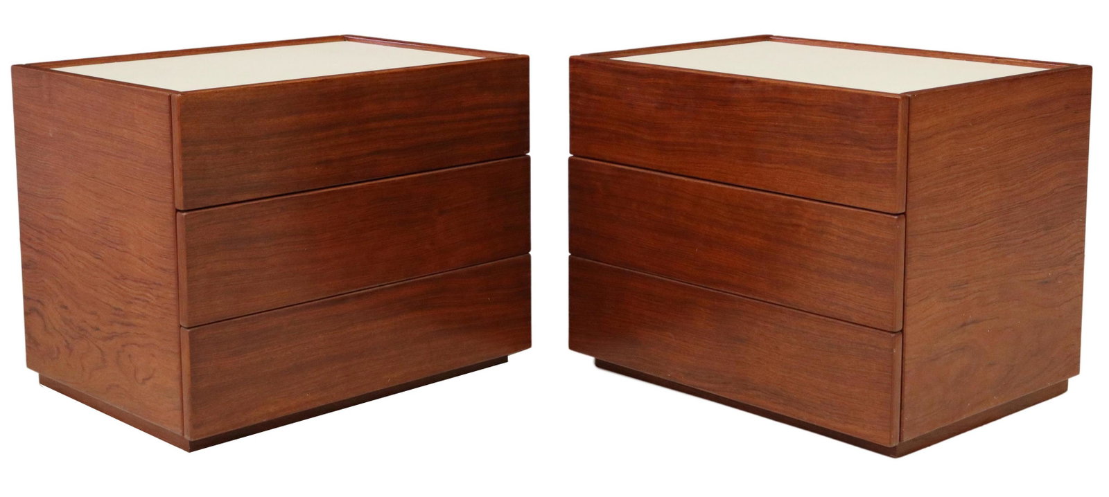 (2) MID-CENTURY MODERN LOW NIGHTSTANDS: (pair) Mid-century modern nightstands, c.1960s, white laminate top, two drawers, approx 19"h, 23.5"w, 17.5"d Start Price: $200.00