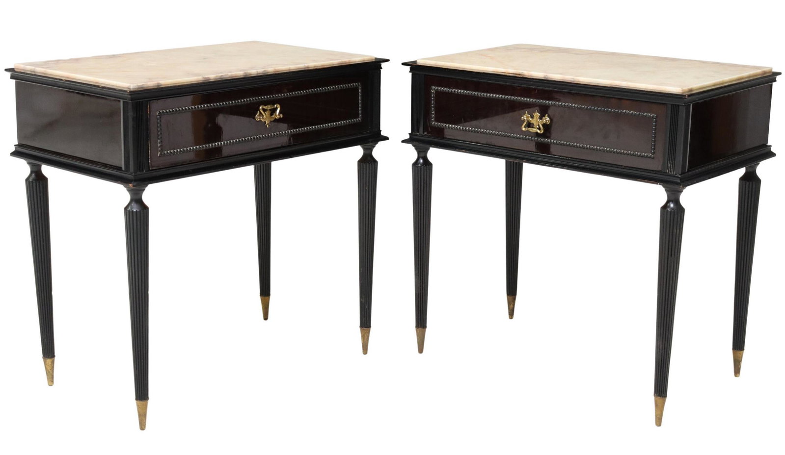 (2) MID-CENTURY MODERN MARBLE-TOP NIGHTSTANDS: (pair) Italian mid-century modern bedside cabinets, c.1950s, having inset marble top, over ebonized case, fitted with single beaded drawer, rising on fluted and tapered legs, approx 22.5"h, 22 5/8"w, 
