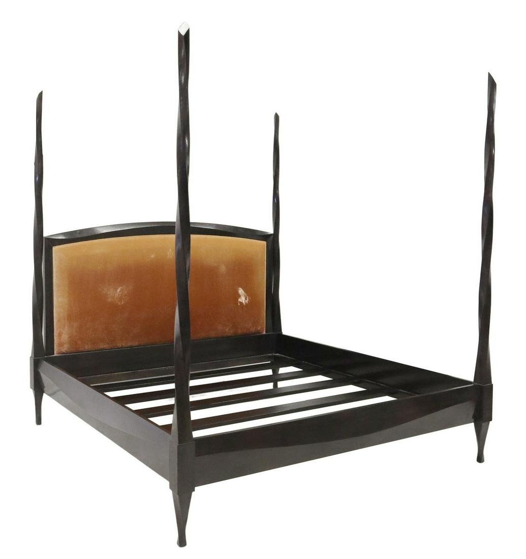 CONTEMPORARY EBONIZED KING SIZE TWIST POSTS BED: Contemporary ebonized four post bed, having shaped headboard with inset velvet upholstery, twist posts, rising on tapered legs, some fading and wear to upholstery, exterior: approx 91"h, 88"l, 83"w, i