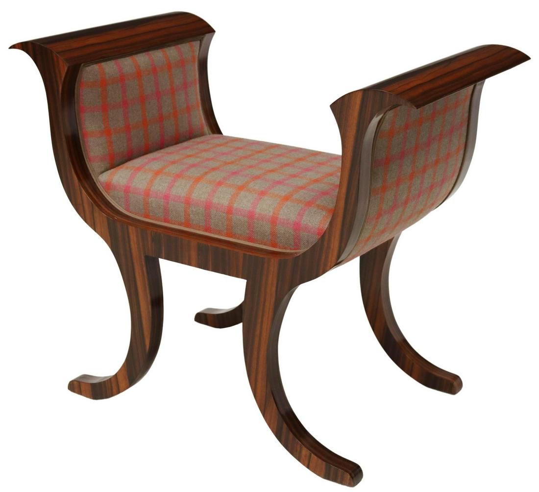 ROSE TARLOW 'IRIS' MACASSAR EBONY PLAID BENCH: Contemporary macassar ebony "Iris" bench, Rose Tarlow for Melrose House, curved arms, seat in a plaid upholstery, rising on splayed legs, unmarked, approx 28.5"h, 34.5"w, 18.25"d, seat height: 19.25"h
