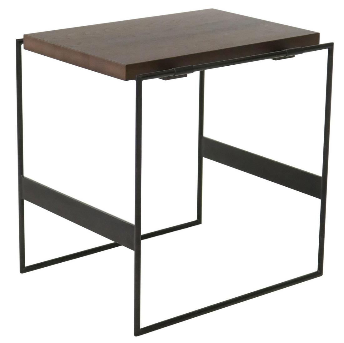 MODERN STEEL & WOOD SUSPENDED-TOP SIDE TABLE: Modern steel and wood side table, late 20th c., having suspended rectangular top, in a walnut finish, hung with black leather straps, rising on black tubular steel frame, approx 21.75"h, 21"w, 17"d**P