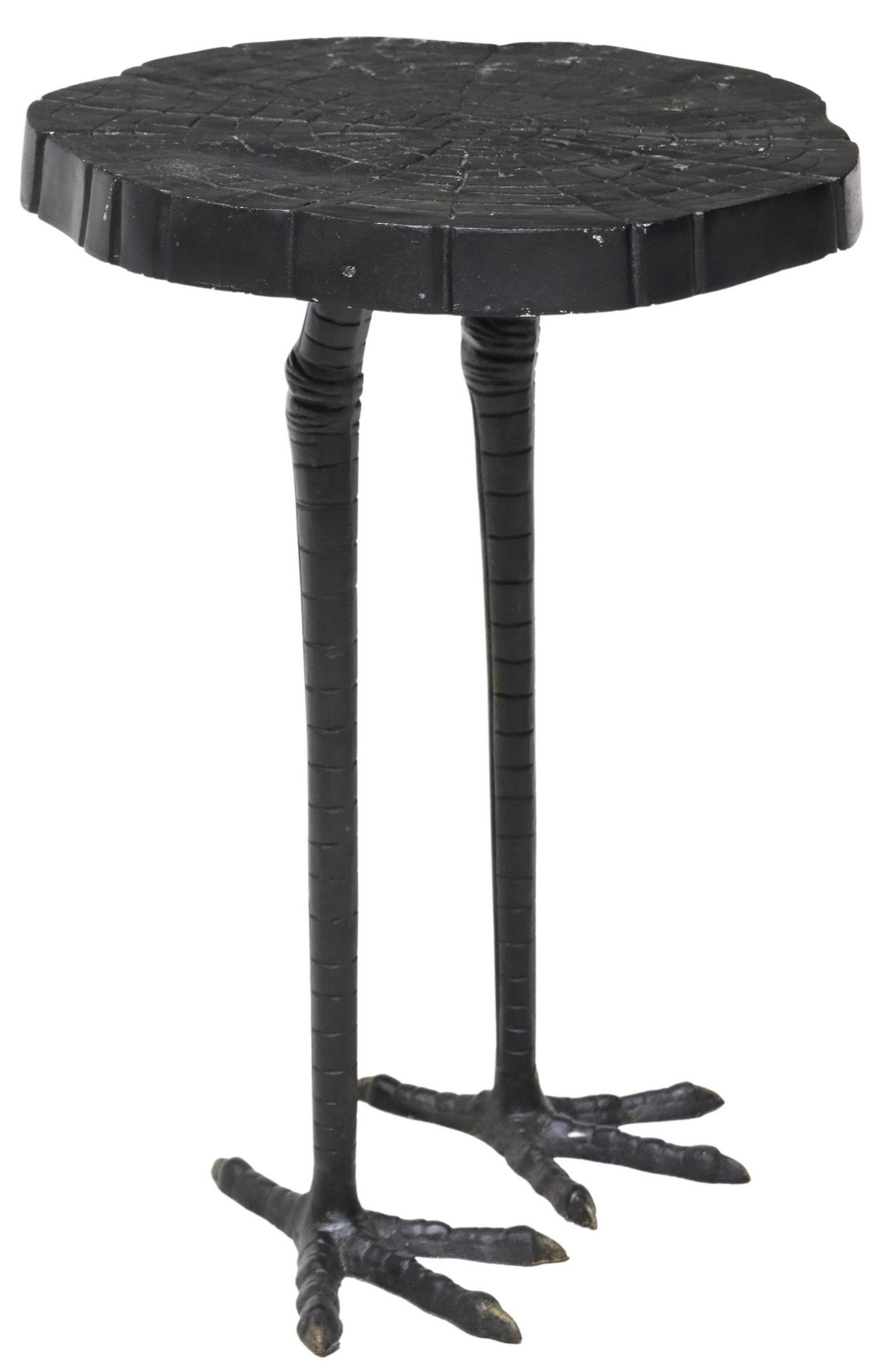 VANILLAWOOD FAUX BOIS & OSTRICH IRON SIDE TABLE: Contemporary "Ostrich Iron Side Table," Vanillawood, round faux bois top, rising on ostrich legs, restoration at the base of one leg, approx 23"h, 16"diam**Provenance: An important Four Seasons, Austi