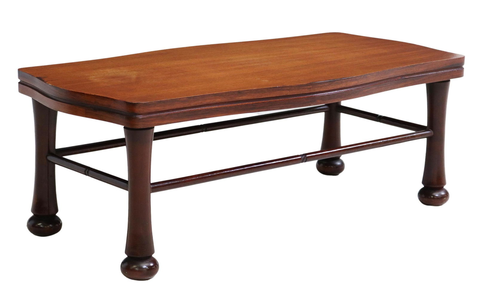 ITALPOLTRONA MID-CENTURY MODERN COFFEE TABLE: Italian mid-century modern coffee table, Fabbrica Salotti Italpoltrona, c.1960s, shaped tabletop, rising on turned legs, joined by box stretcher, approx 14.25"h, 39.5"w, 19.75"d Start Price: $200.00