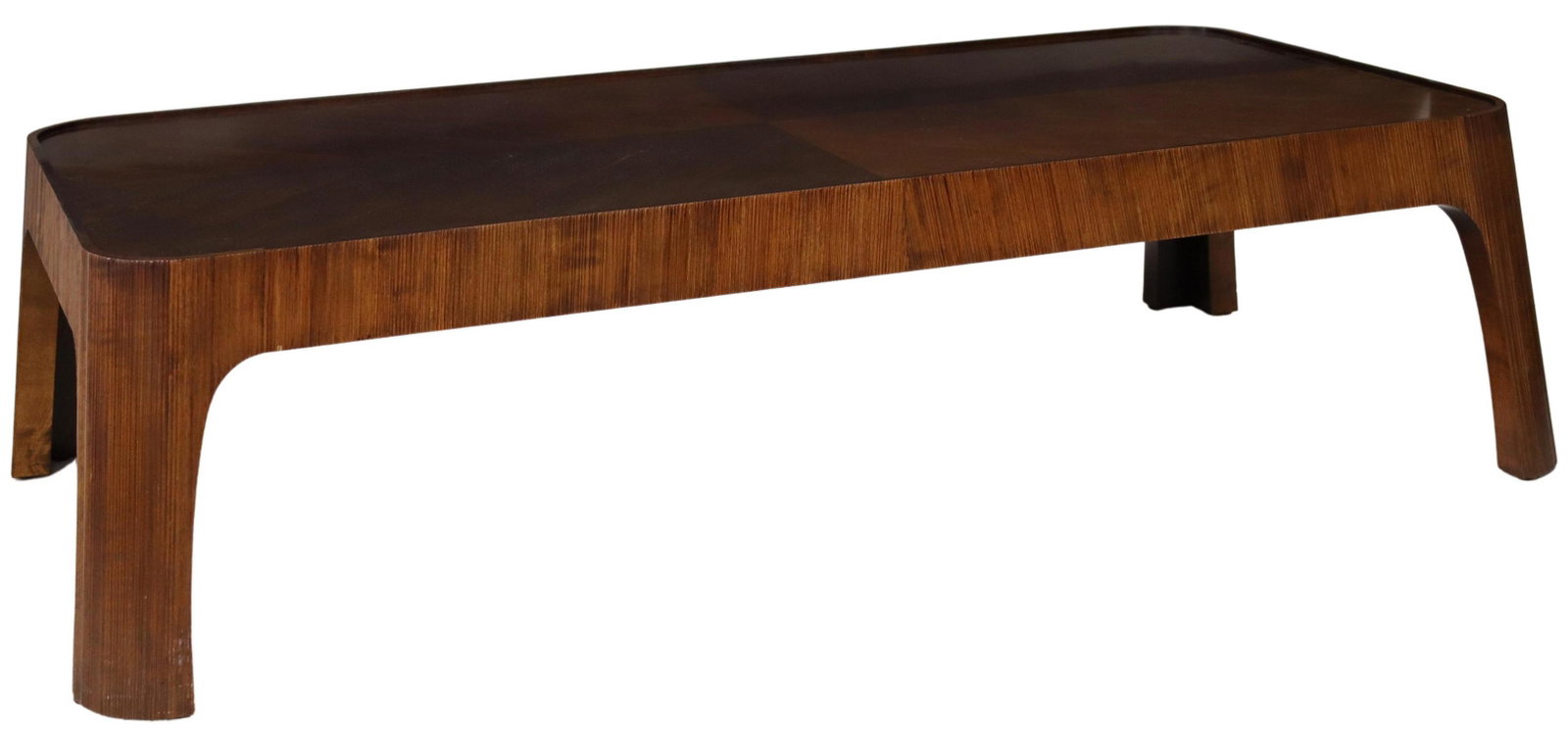 ROSE TARLOW MODERN PENCIL REEDED COFFEE TABLE: Modern matched veneer coffee table, 20th c., attributed to Rose Tarlow Melrose House, recessed top, rising on pencil reeded curved legs, unmarked, approx 18.25"h, 73"w, 36.5"d**Provenance: An importan