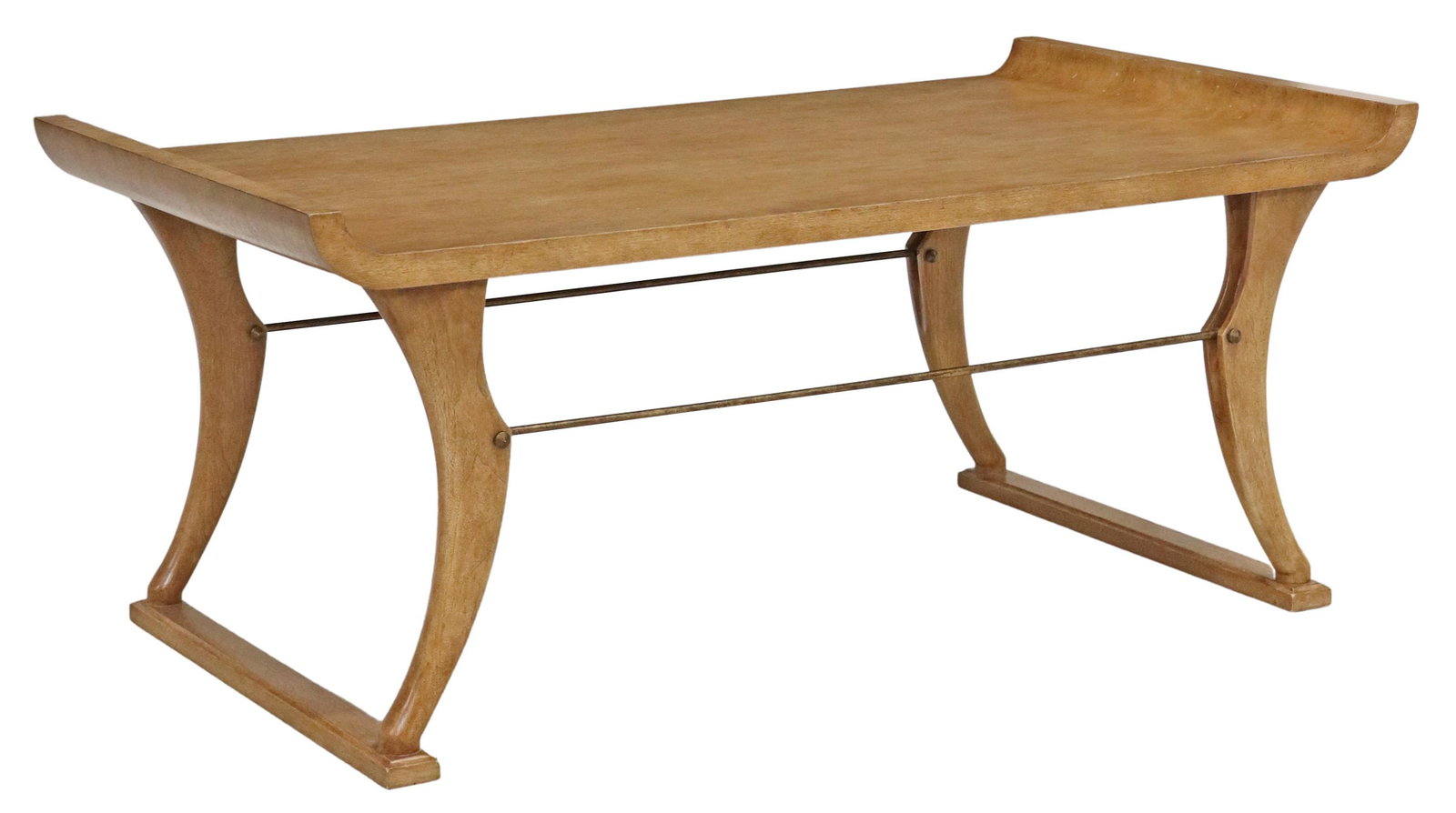 THERIEN STUDIO WORKSHOPS MODERN COFFEE TABLE: Modern hardwood coffee table, Therien Studio Workshops, 20th c., having winged top, rising on stylized cabriole legs, joined with stretchers, approx 22.25"h, 52"w, 28"d**Provenance: An important Four 