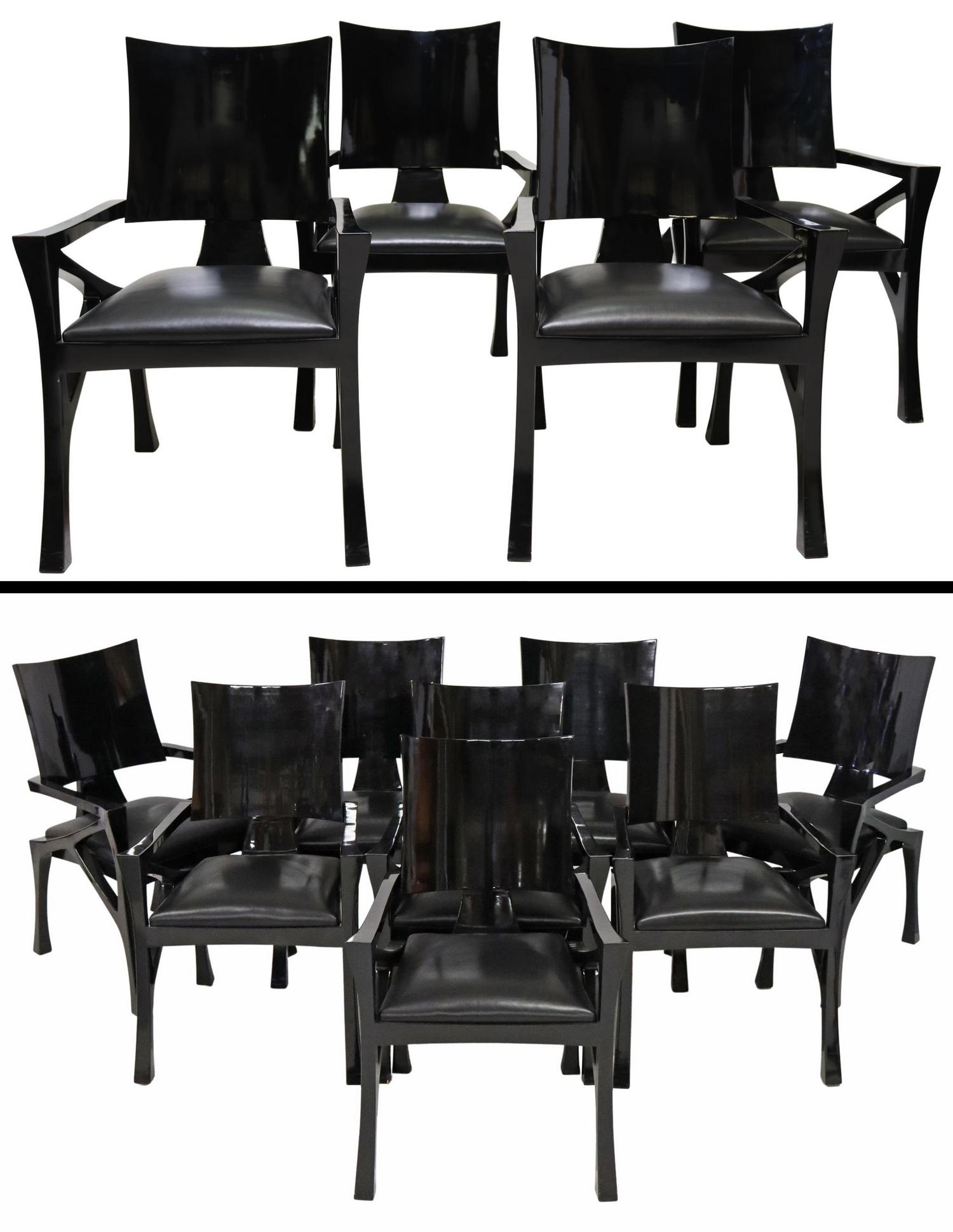 (12) RANDOLPH & HEIN TURINO MODERN DINING CHAIRS: (lot of 12) Modern "Turino" armchairs, Randolph and Hein Incorporated, having black lacquered maple wood frame, black upholstery, rising on square tapered legs, some light abrasions and wear at edges,